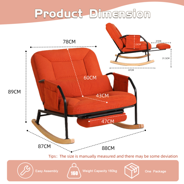 超大号摇椅滑行休闲椅，带脚蹬、加垫座垫、可调节靠背，优质木质农场风，适用于室内/室外客厅卧室阳台门廊，灯芯绒材质，橙色-2
