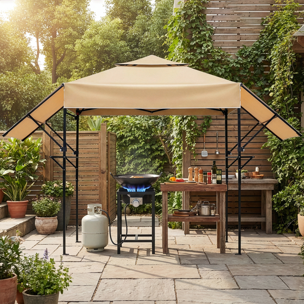 3.3X12.5FT 卡其色 双顶 折叠框架 烧烤棚 涤纶布 黑色喷塑框架 带两侧可调遮阳板 两边带网格托盘 配拎包-18