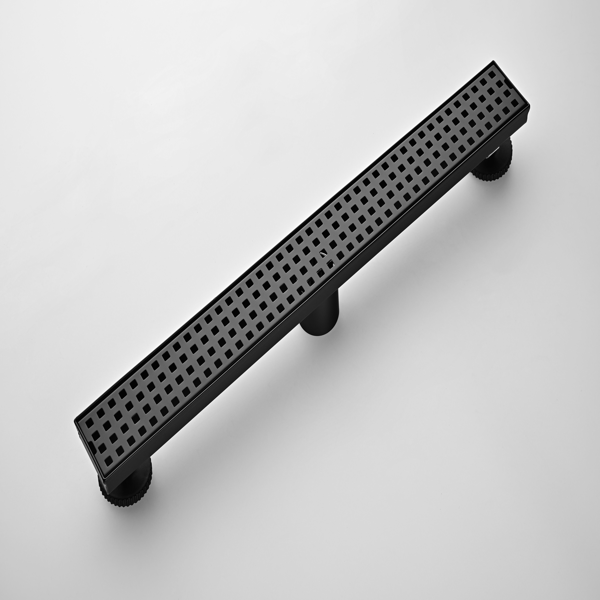 24英寸线性淋浴地漏，带可拆卸方格纹格栅，304不锈钢材质，配毛发过滤网与调平脚，哑光黑色-7