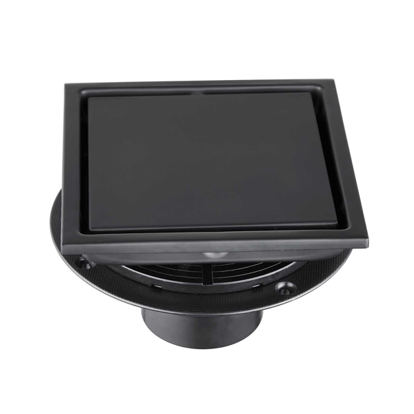 6英寸方形淋浴地漏，带二合一平面/嵌砖两用可拆卸盖板，304不锈钢材质，配法兰底座和毛发过滤网，哑光黑色-1