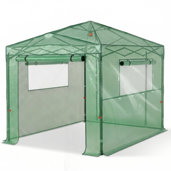 8*6FT PE布花房 绿色PE布 黑底银花铁管 一键尖顶 两侧带双窗户 带对侧双拉链卷门 带地钉风绳