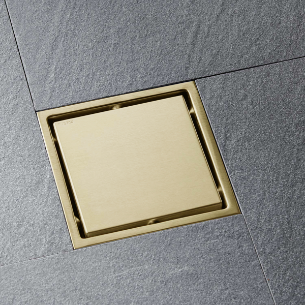 6英寸方形淋浴地漏，带二合一平面/嵌砖两用可拆卸盖板，304不锈钢材质，配法兰底座和毛发过滤网，拉丝金色-2