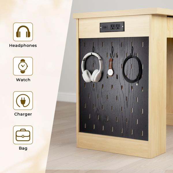 55英寸现代波纹办公桌，带储物柜和抽屉，电脑书桌，配备电源插座、洞洞板、内置置物架和键盘托盘，适用于书房、客厅、家庭办公室，浅橡木色。-20