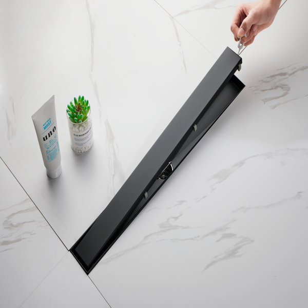 24英寸线性淋浴地漏，带二合一平面/嵌砖两用可拆卸盖板，304不锈钢材质，配毛发过滤网与调平脚，哑光黑色-4