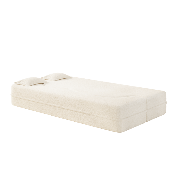 现代落地沙发，配两个靠枕，可转换成泰迪绒面料的泡沫填充沙发床，15英寸双人折叠床垫，适用于客厅、客房、游戏室，无需组装，米色/白色-5