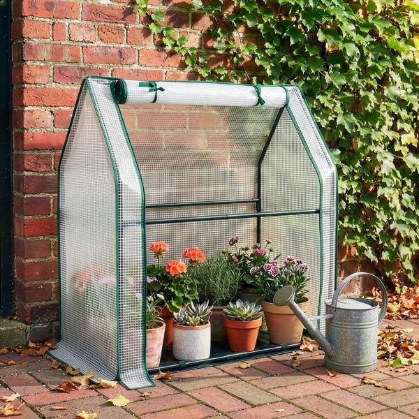 36*18*33in PE布花房 白色PE布 墨绿色铁管 尖顶 带PE地垫 带拉链卷门-8