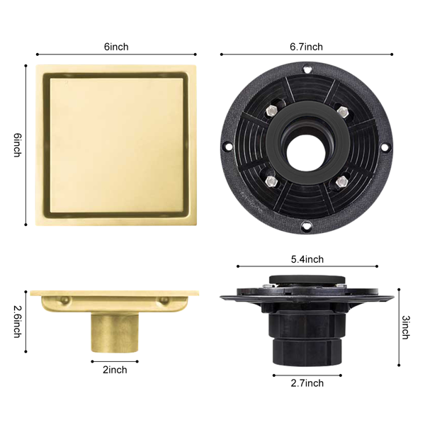 6英寸方形淋浴地漏，带二合一平面/嵌砖两用可拆卸盖板，304不锈钢材质，配法兰底座和毛发过滤网，拉丝金色-8
