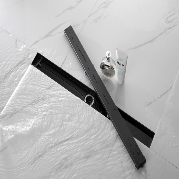 30英寸线性淋浴地漏，带二合一平面/嵌砖两用可拆卸盖板，304不锈钢材质，配毛发过滤网与调平脚，哑光黑色-6