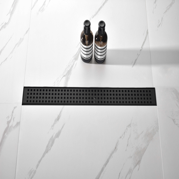 28英寸线性淋浴地漏，带可拆卸方格纹格栅，304不锈钢材质，配毛发过滤网与调平脚，哑光黑色-10