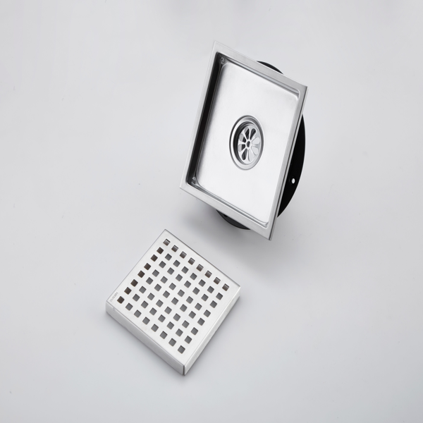 6英寸方形淋浴地漏，带可拆卸方格纹格栅，304不锈钢材质，配法兰底座和毛发过滤网，拉丝镍-4