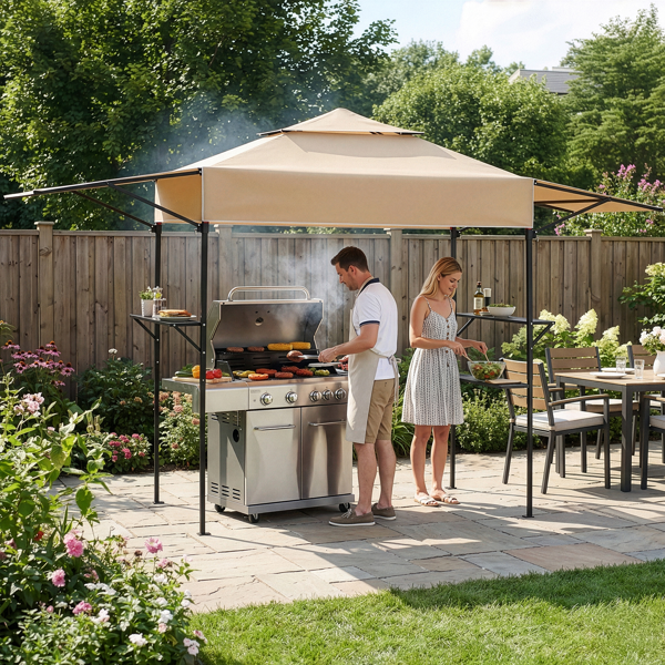 3.3X12.5FT 卡其色 双顶 折叠框架 烧烤棚 涤纶布 黑色喷塑框架 带两侧可调遮阳板 两边带网格托盘 配拎包-17