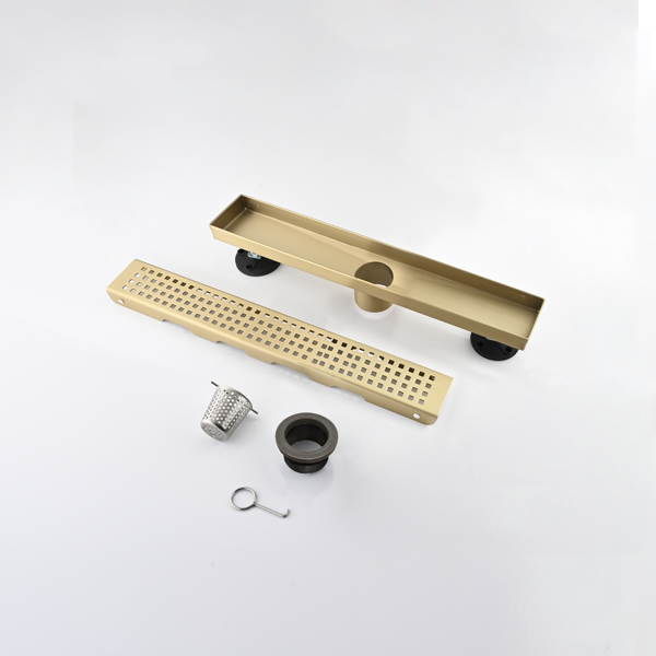 12英寸线性淋浴地漏，带可拆卸方格纹格栅，304不锈钢材质，配毛发过滤网与调平脚，拉丝金色-8