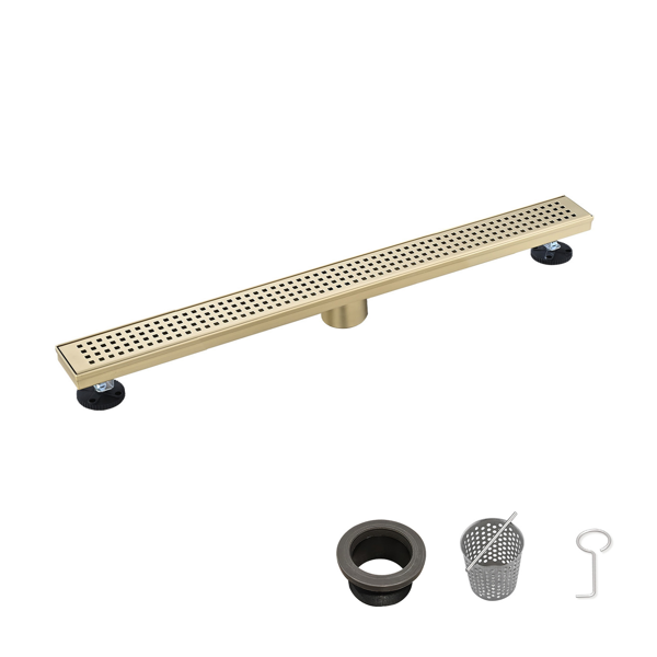 28英寸线性淋浴地漏，带可拆卸方格纹格栅，304不锈钢材质，配毛发过滤网与调平脚，拉丝金色-1
