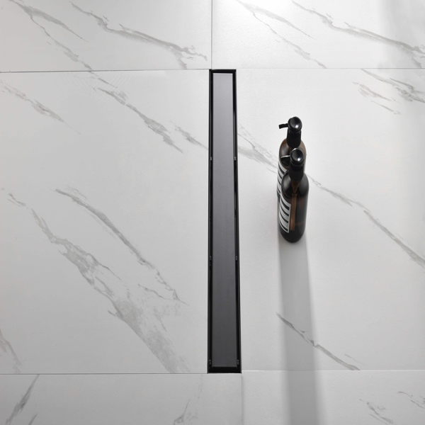 28英寸线性淋浴地漏，带二合一平面/嵌砖两用可拆卸盖板，304不锈钢材质，配毛发过滤网与调平脚，哑光黑色-12