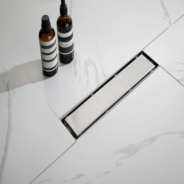 12英寸线性淋浴地漏，带二合一平面/嵌砖两用可拆卸盖板，304不锈钢材质，配毛发过滤网与调平脚，拉丝镍-12