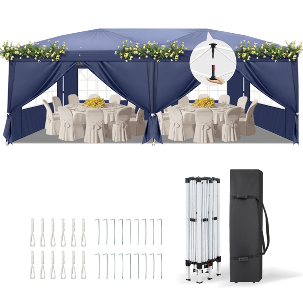 10*20ft  蓝色  一键撑开 6片面-2门4窗 28/22MM脚管 10X20MM交叉杆 折叠棚  210D牛津布  喷塑铁管 配拎包 无沙袋-1