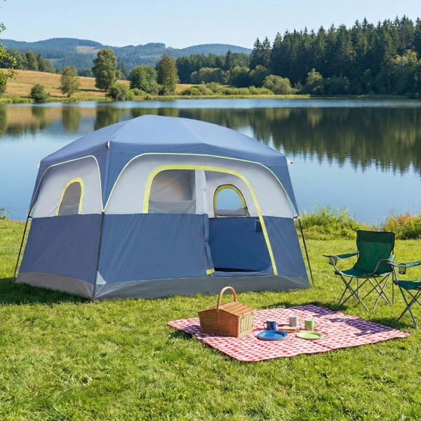 6人 蓝黄色 露营帐篷 涤纶布 玻纤杆 304.8*274*198cm 家庭帐篷-10