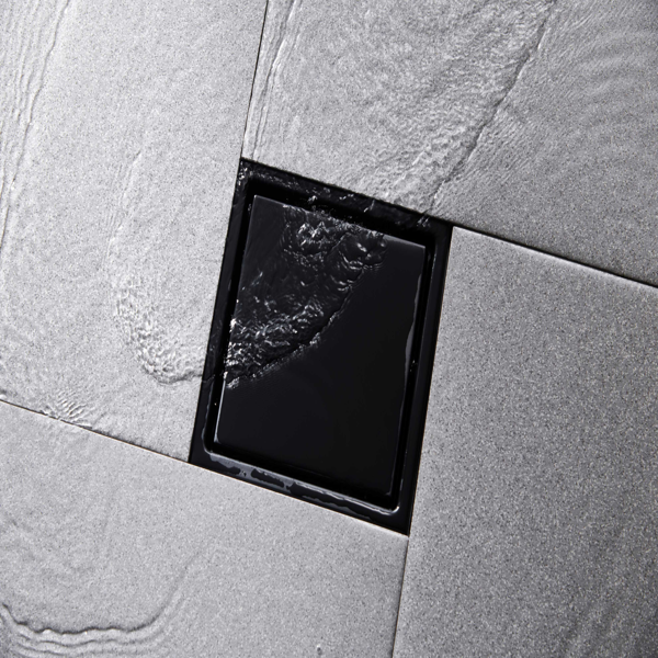 6英寸方形淋浴地漏，带二合一平面/嵌砖两用可拆卸盖板，304不锈钢材质，配法兰底座和毛发过滤网，哑光黑色-10