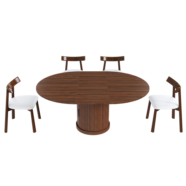 59英寸可伸缩椭圆形餐桌套装，配4把胡桃木餐椅，47-59英寸无导轨可伸缩餐桌，带双层储物空间，PU软垫实木餐椅，底座式设计，适合4-6人使用。-3