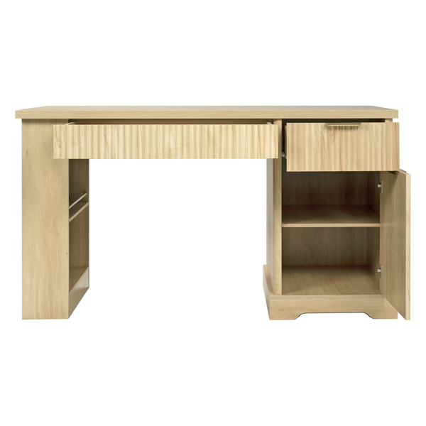 55英寸现代波纹办公桌，带储物柜和抽屉，电脑书桌，配备电源插座、洞洞板、内置置物架和键盘托盘，适用于书房、客厅、家庭办公室，浅橡木色。-2