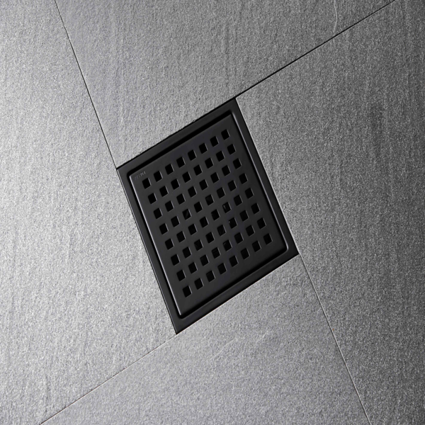 6英寸方形淋浴地漏，带可拆卸方格纹格栅，304不锈钢材质，配法兰底座和毛发过滤网，哑光黑色-2