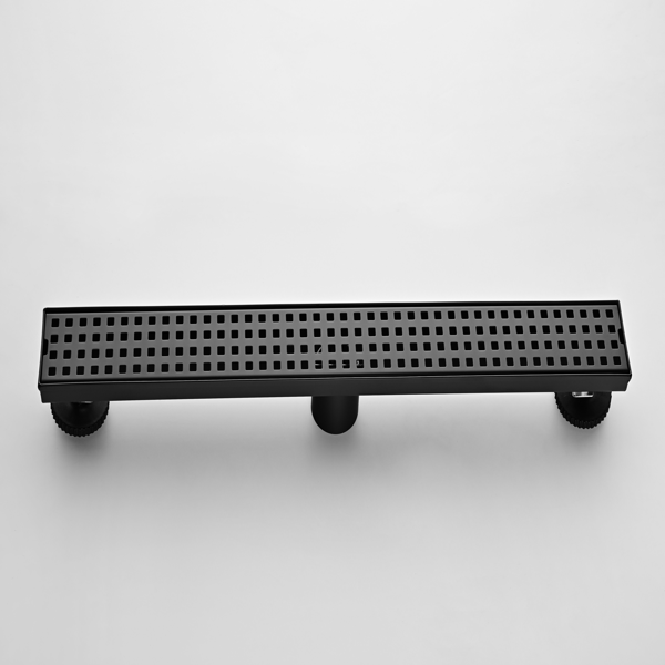 24英寸线性淋浴地漏，带可拆卸方格纹格栅，304不锈钢材质，配毛发过滤网与调平脚，哑光黑色-8