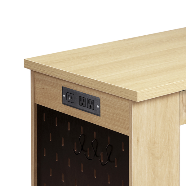 55英寸现代波纹办公桌，带储物柜和抽屉，电脑书桌，配备电源插座、洞洞板、内置置物架和键盘托盘，适用于书房、客厅、家庭办公室，浅橡木色。-27