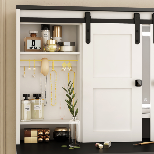 不支持自提和指定仓，乡村风格梳妆台化妆台，43英寸宽，带灯光镜和化妆抽屉，大型现代梳妆台套装，带吹风机架，适合卧室，白色-14