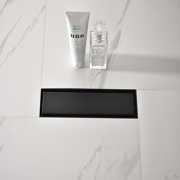 12英寸线性淋浴地漏，带二合一平面/嵌砖两用可拆卸盖板，304不锈钢材质，配毛发过滤网与调平脚，哑光黑色-2