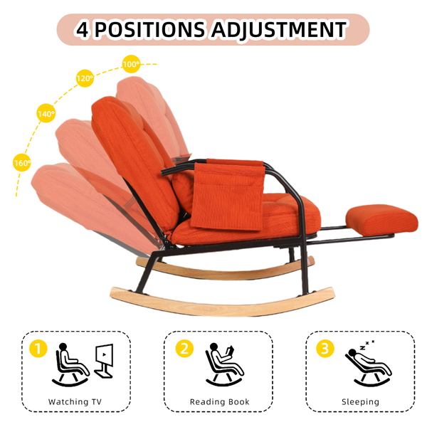 超大号摇椅滑行休闲椅，带脚蹬、加垫座垫、可调节靠背，优质木质农场风，适用于室内/室外客厅卧室阳台门廊，灯芯绒材质，橙色-5