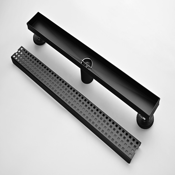 24英寸线性淋浴地漏，带可拆卸方格纹格栅，304不锈钢材质，配毛发过滤网与调平脚，哑光黑色-4