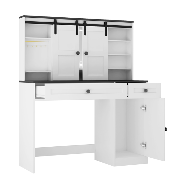 不支持自提和指定仓，乡村风格梳妆台化妆台，43英寸宽，带灯光镜和化妆抽屉，大型现代梳妆台套装，带吹风机架，适合卧室，白色-6