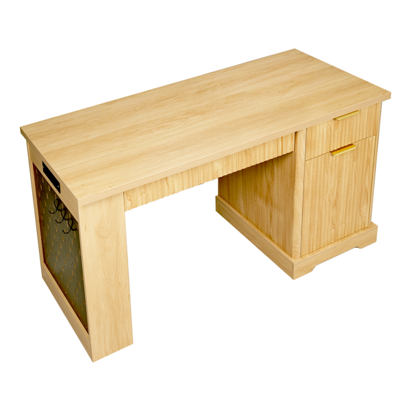 55英寸现代波纹办公桌，带储物柜和抽屉，电脑书桌，配备电源插座、洞洞板、内置置物架和键盘托盘，适用于书房、客厅、家庭办公室，浅橡木色。-14