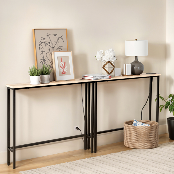 【同款编码：15819281】橡木色 2件装 三胺+铁 200*15*79cm 玄关桌 带排插（美标）-12