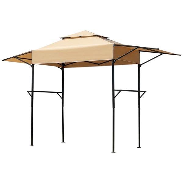 3.3X12.5FT 卡其色 双顶 折叠框架 烧烤棚 涤纶布 黑色喷塑框架 带两侧可调遮阳板 两边带网格托盘 配拎包-3