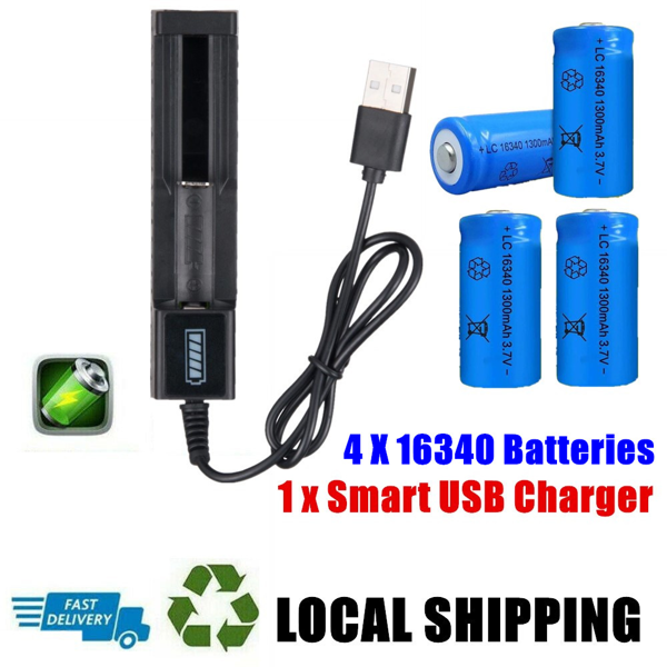 4块 16340 电池 1300 毫安 3.7 伏锂离子可充电电池 + USB 充电器-5