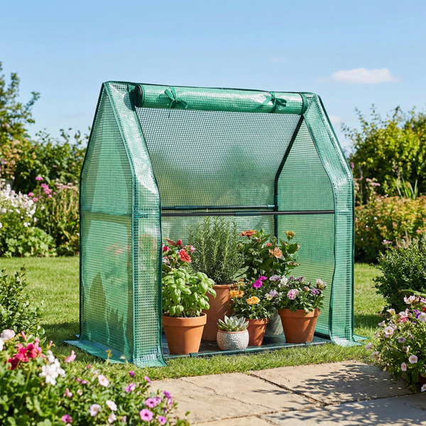 36*18*33in PE布花房 绿色PE布 墨绿色铁管 尖顶 带PE地垫 带拉链卷门-11