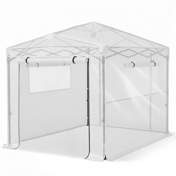 8*6FT PE布花房 白色PE布 黑底银花铁管  一键尖顶 两侧带双窗户 带对侧双拉链卷门 带地钉风绳