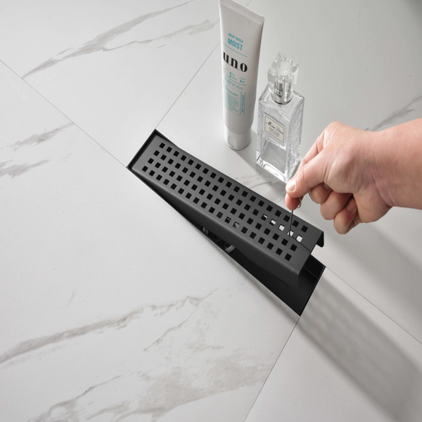 12英寸线性淋浴地漏，带可拆卸方格纹格栅，304不锈钢材质，配毛发过滤网与调平脚，哑光黑色-3