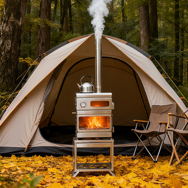 带烤箱和支架的木柴燃烧炉 - 露营帐篷用炉具，带有烟囱管的不锈钢保温帐篷炉，适用于户外烹饪、远足使用-9