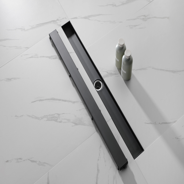 32英寸线性淋浴地漏，带二合一平面/嵌砖两用可拆卸盖板，304不锈钢材质，配毛发过滤网与调平脚，哑光黑色-8