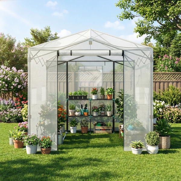 8*12FT PE布花房 白色PE布 黑底银花铁管 一键尖顶 两侧带双窗户 带对侧双拉链卷门带小窗 带地钉风绳-9