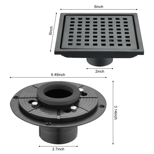 6英寸方形淋浴地漏，带可拆卸方格纹格栅，304不锈钢材质，配法兰底座和毛发过滤网，哑光黑色-12