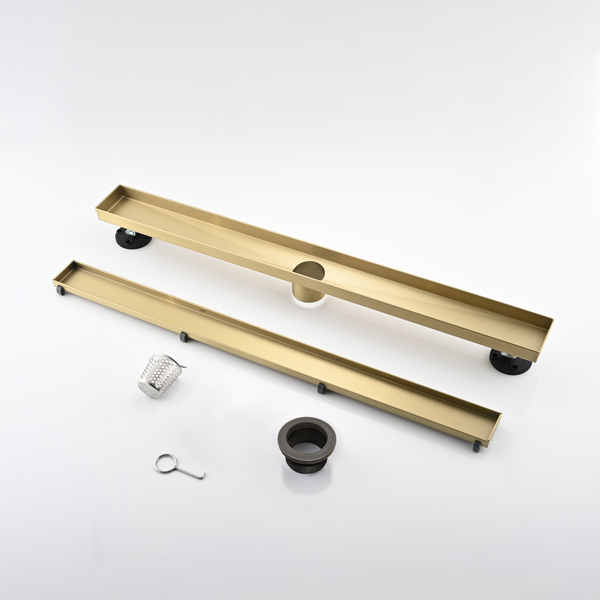 30英寸线性淋浴地漏，带二合一平面/嵌砖两用可拆卸盖板，304不锈钢材质，配毛发过滤网与调平脚，拉丝金色-9