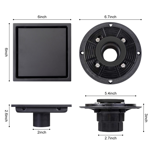 6英寸方形淋浴地漏，带二合一平面/嵌砖两用可拆卸盖板，304不锈钢材质，配法兰底座和毛发过滤网，哑光黑色-12