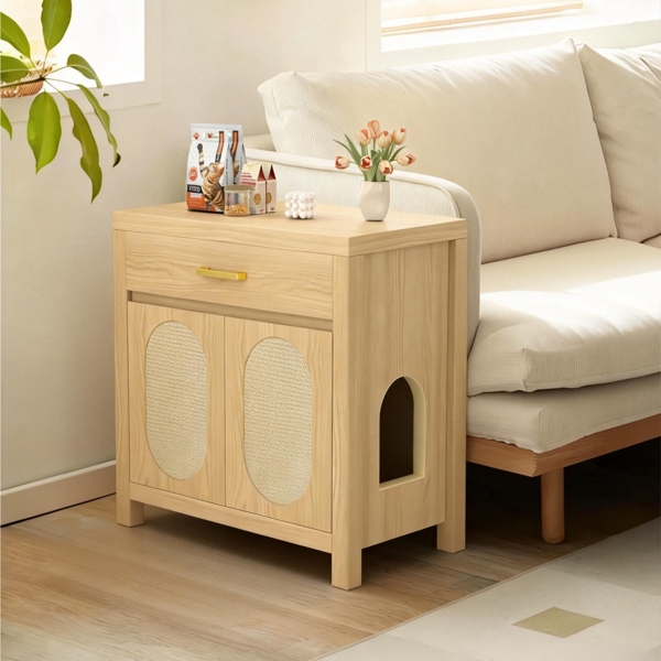猫砂盆围栏，隐藏式猫砂盆家具，带抓板门和储物抽屉，木质浴室猫屋桌床头柜箱柜，天然色-8
