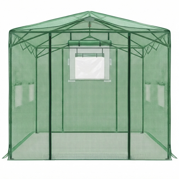 8*12FT PE布花房 绿色PE布 黑底银花铁管 一键尖顶 两侧带双窗户 带对侧双拉链卷门带小窗 带地钉风绳-9