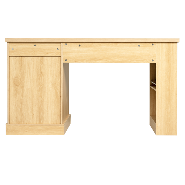 55英寸现代波纹办公桌，带储物柜和抽屉，电脑书桌，配备电源插座、洞洞板、内置置物架和键盘托盘，适用于书房、客厅、家庭办公室，浅橡木色。-7