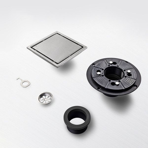 6英寸方形淋浴地漏，带二合一平面/嵌砖两用可拆卸盖板，304不锈钢材质，配法兰底座和毛发过滤网，拉丝镍-11