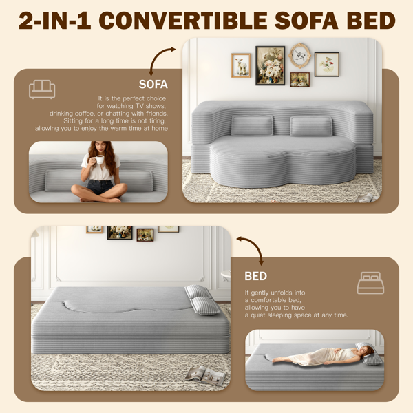 现代落地沙发，配两个靠枕，灯芯绒面料，泡沫填充，可折叠成沙发床，15英寸双人折叠床垫，适用于客厅、客房、游戏室，无需组装，浅灰色-1